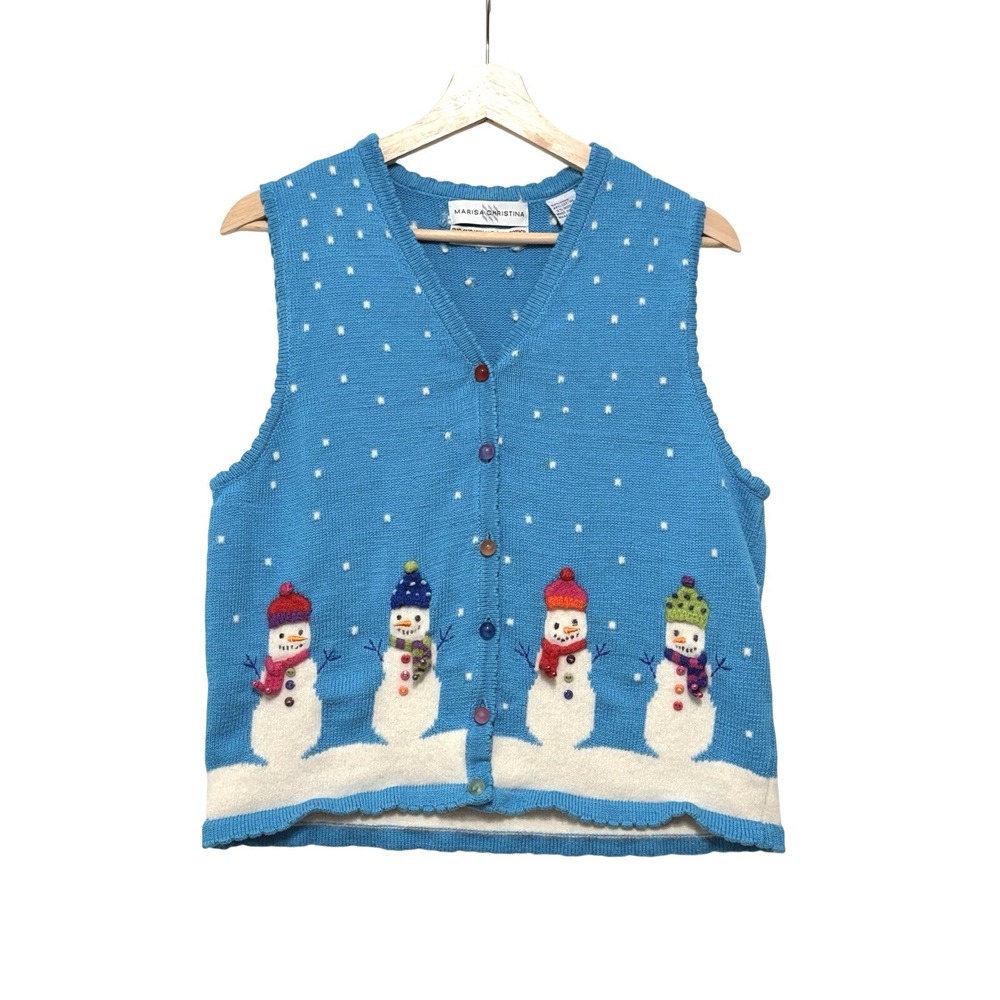 Marisa Christina Vtg Y2k Holiday Snowman Button Embroidery Sweater Vest Sz M